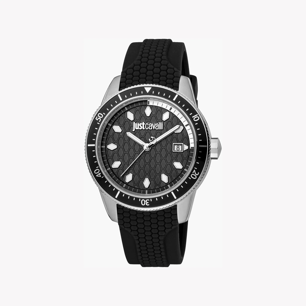 JUST CAVALLI JC1G179P0025 MEN'S ELEGANT BLACK DIAL SILICONE WATCH - TIMELESS SOPHISTICATION