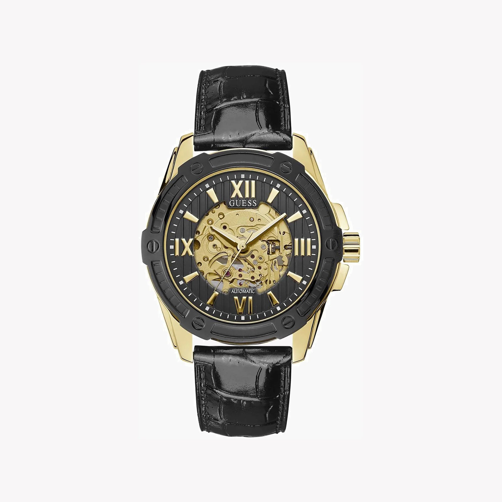Guess Men's Gold Watch, Black Leather Band | W1308g2 by i-watch