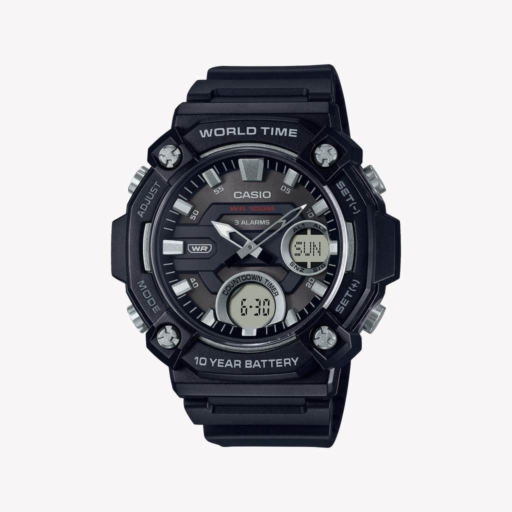 CASIO AEQ-120W-1AVDF BLACK RUGGED SPORT - FUNCTIONALITY MEETS STYLE Men's Watch with black resin band and dial