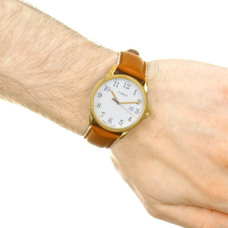 TIMEX Damenuhr mit goldenem Messinggehäuse und hellbraunem Lederarmband