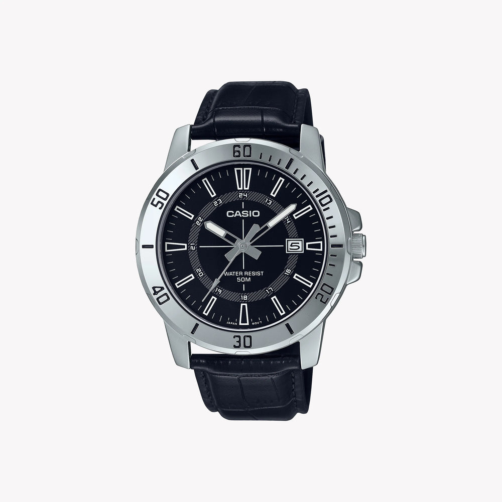 Casio Men's Black Leather Watch, Stainless Steel Case | Mtp-Vd01l-1cv by i-watch