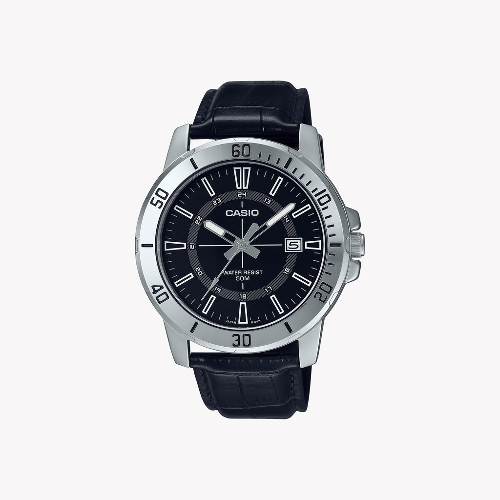CASIO MTP-VD01L-1CV BOLD STYLE - RUGGEDLY ELEGANT MEN'S WATCH WITH BLACK DIAL & LEATHER BAND