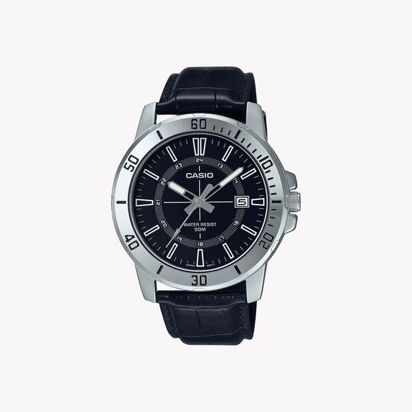 Casio Men's Black Leather Watch, Stainless Steel Case | Mtp-Vd01l-1cv by i-watch