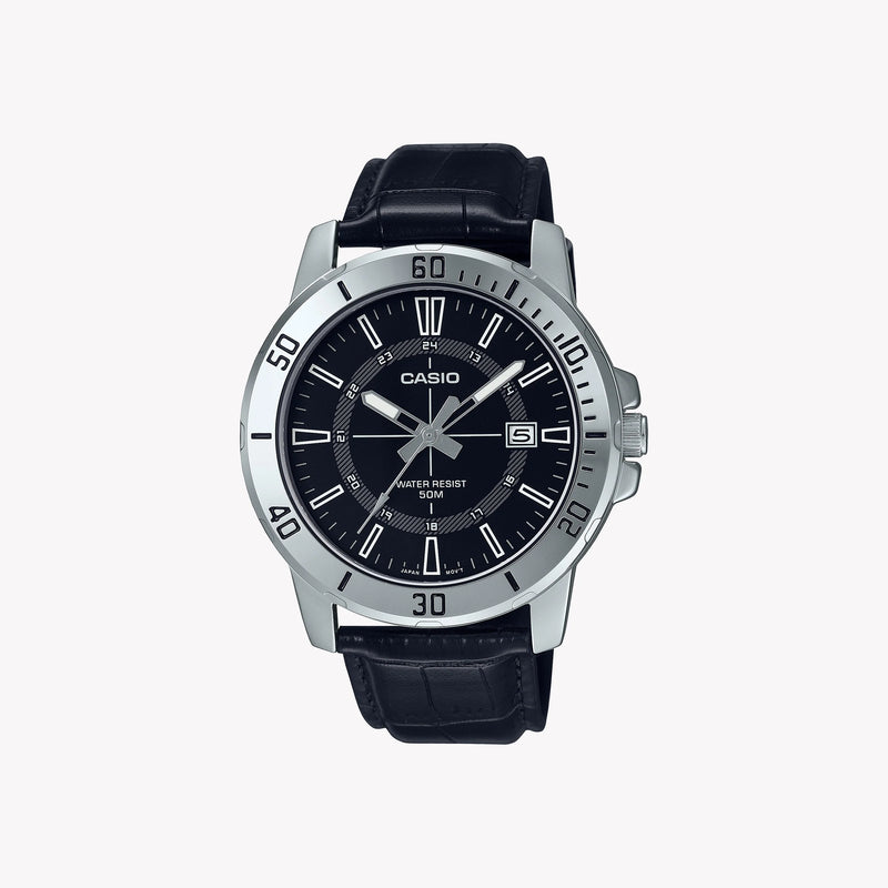 Casio Men's Black Leather Watch, Stainless Steel Case | Mtp-Vd01l-1cv by i-watch