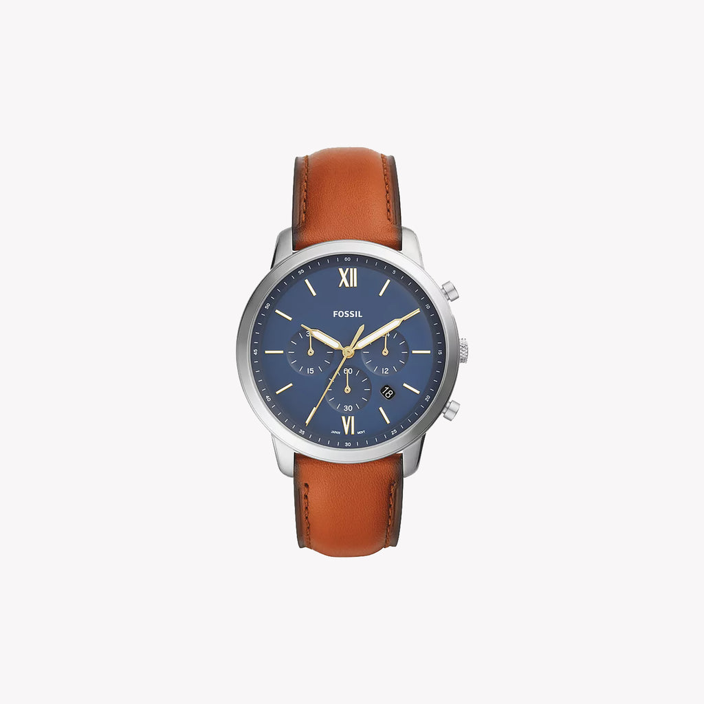FOSSIL FS5453 CLASSIC ELEGANCE - STAINLESS STEEL MEN'S WATCH WITH BLUE DIAL & BROWN LEATHER STRAP