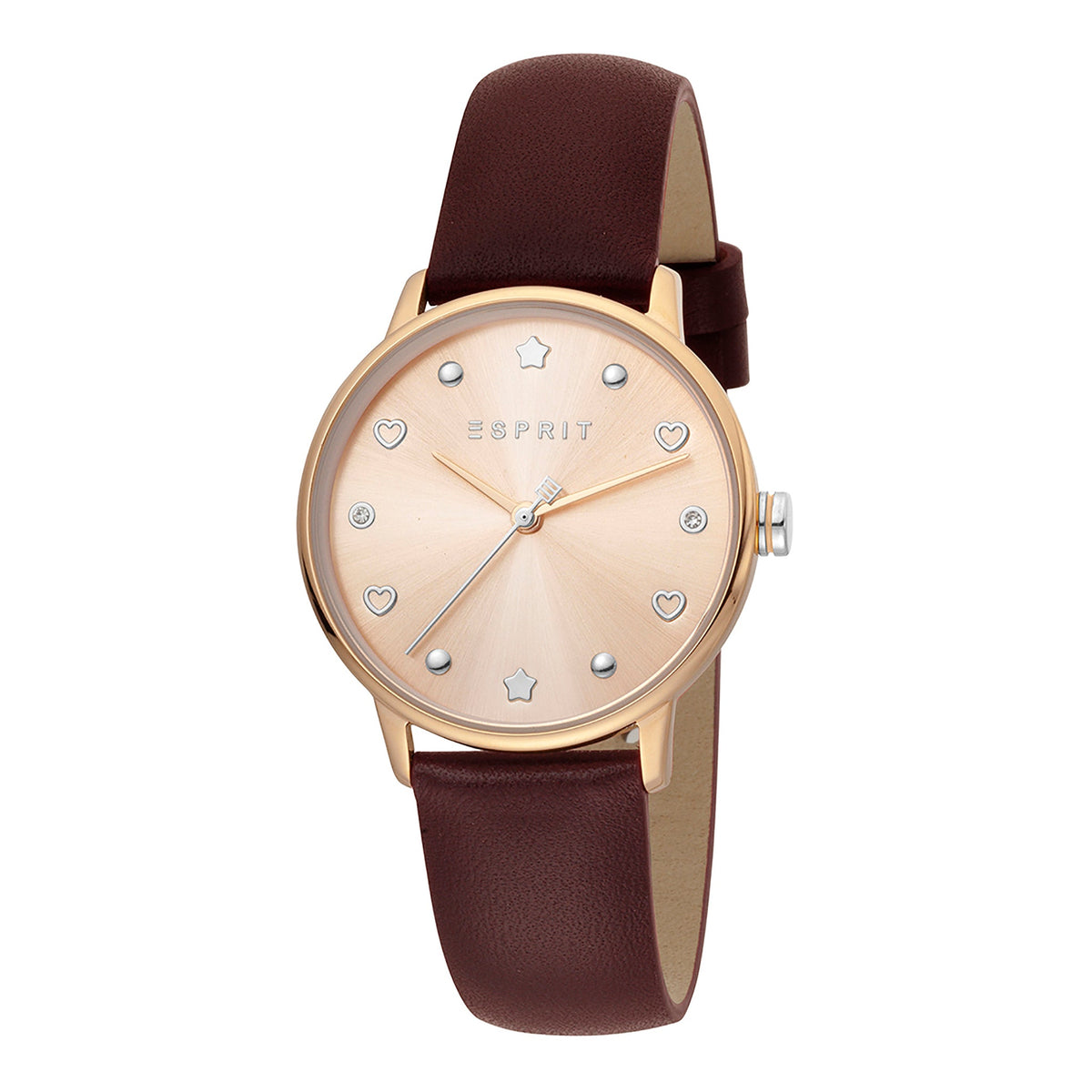 ESPRIT Women's Watch with Rose Gold Stainless Steel Case and Burgundy Leather Band