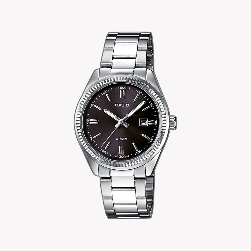 LTP-1302D-1A1VDF ELEGANCE REDEFINED - Sophisticated Women's Watch with Chic Black Dial & Silver Metal Band