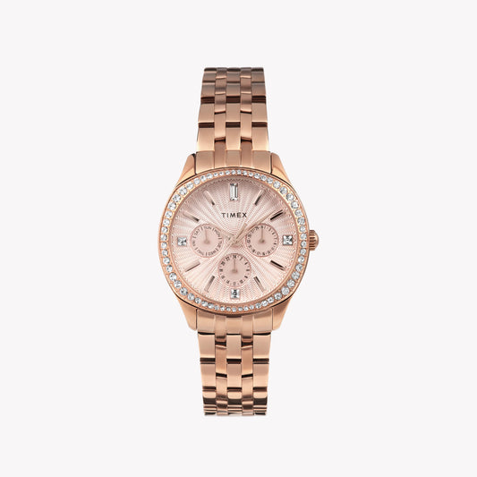 Timex Cushion Multifunktions-Damenuhr TW2W17800 in Roségold mit Kristallakzenten und schwarzem Zifferblatt