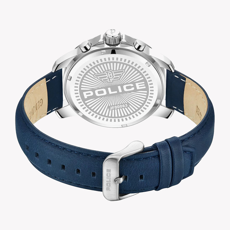 Police Watches Men's Silver & Dark Blue Leather | Pewjf0006301 by i-watch