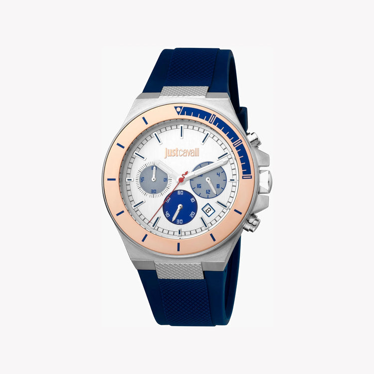 JUST CAVALLI JC1G139P0035 MEN'S SOPHISTICATION - ELEGANT SILVER DIAL & BLUE SILICONE BAND