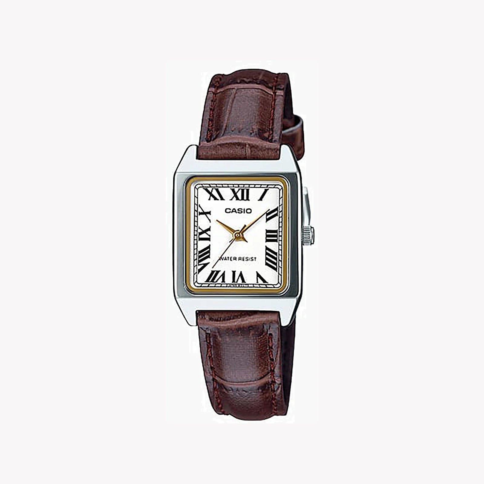 CASIO Women's Watch with Silver Chrome Plated Case and Brown Leather Band