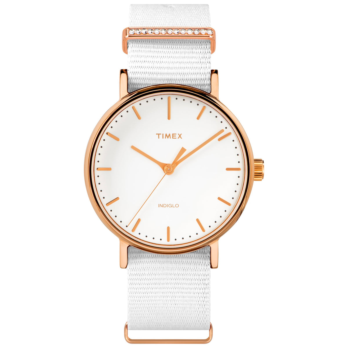 TIMEX Women's Watch with Rose Gold Brass Case and White Fabric Band