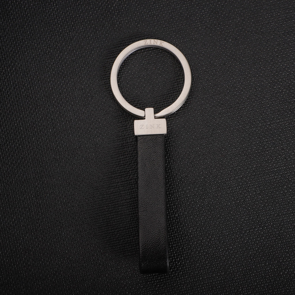 Zink Keychain - Silver & Black - Stainless Steel & Leather | Zjkc009b