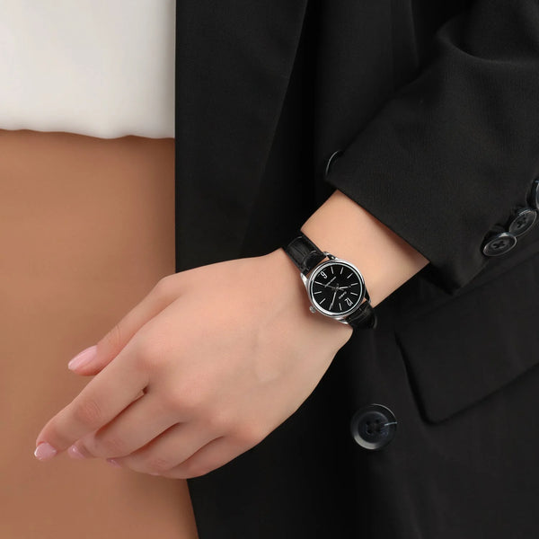 Casio Women's Silver Stainless Steel, Black Leather | Ltp-V005l-1budf by i-watch