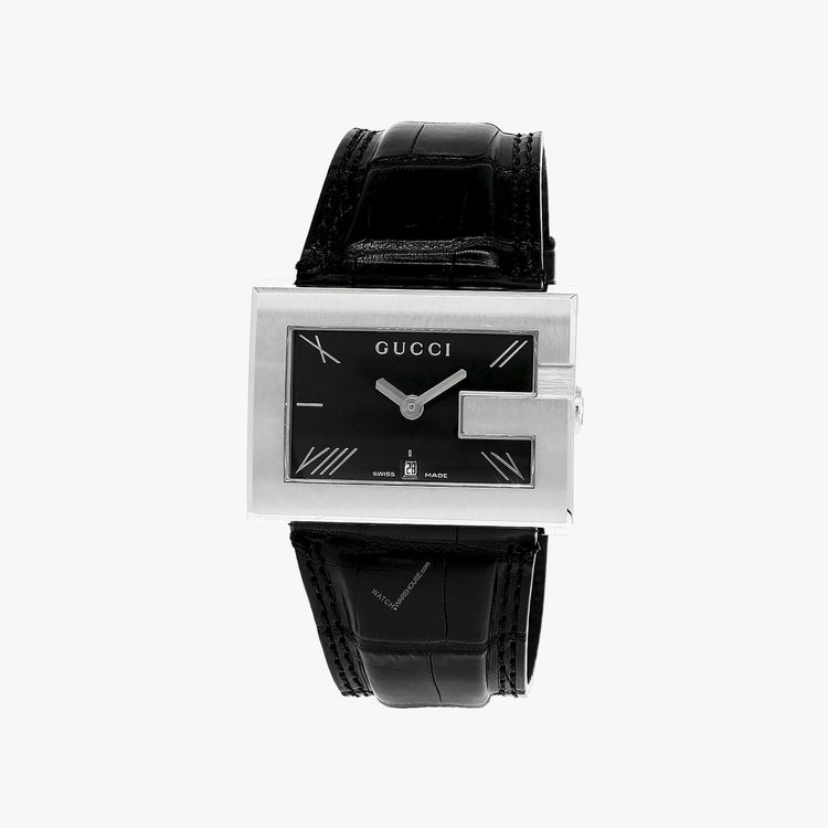 GUCCI YA100302 MODERN LUXURY - ELEGANT MEN'S WATCH WITH BLACK LEATHER BAND & STRIKING BLACK DIAL