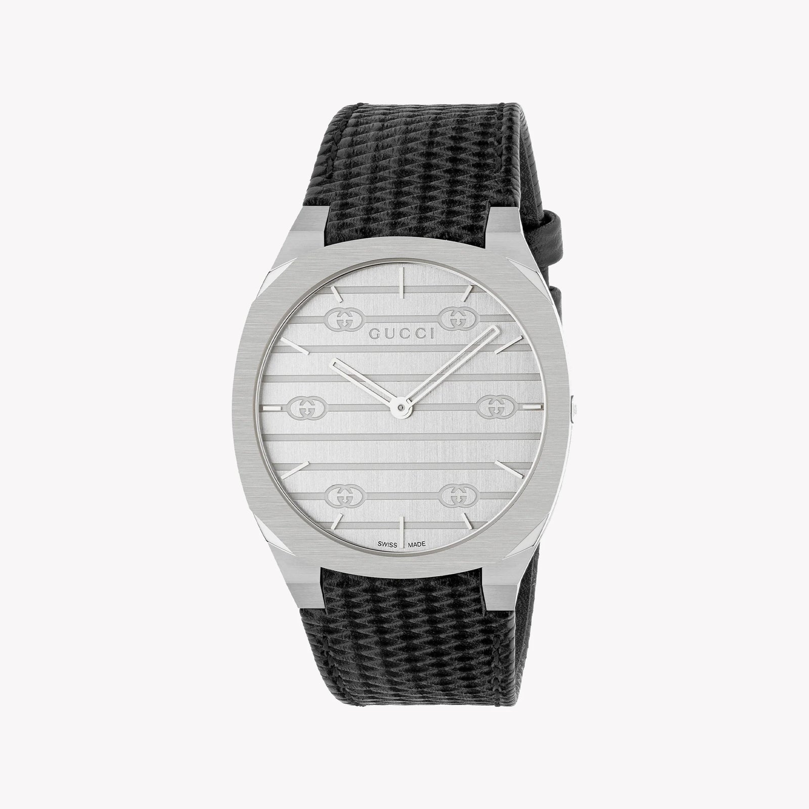 Gucci Men's Silver Stainless Steel Watch, Black Leather | Ya163419 by i-watch