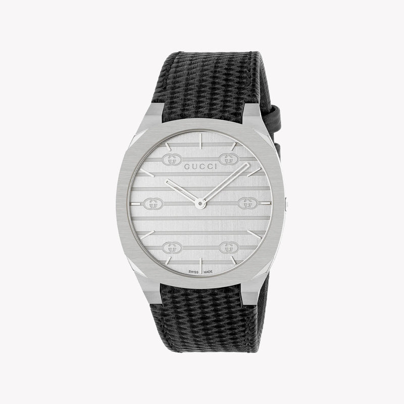 Gucci Men's Silver Stainless Steel Watch, Black Leather | Ya163419 by i-watch