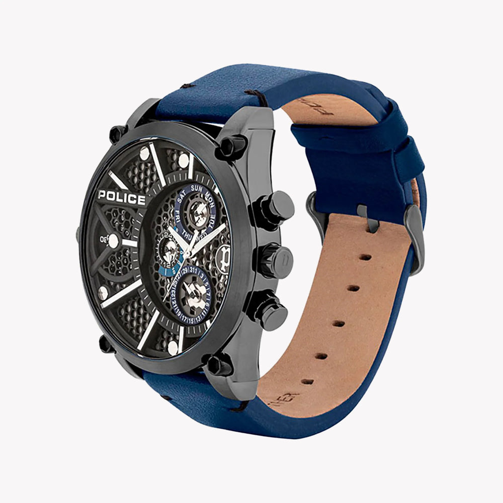 Police Men's Silver & Blue Leather Watch, Black Dial | P15381jsu61b by i-watch