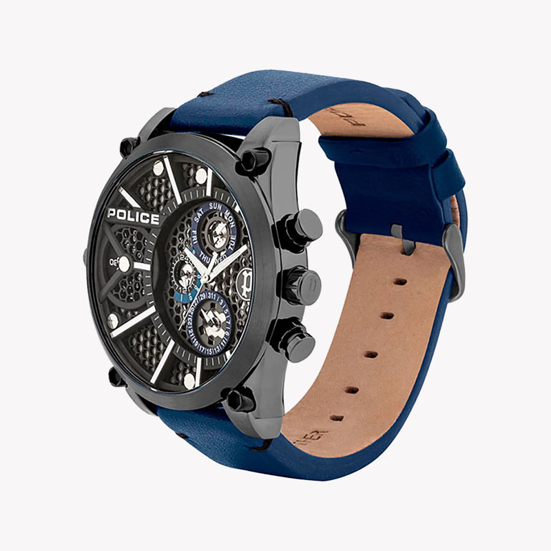 Police Men's Silver & Blue Leather Watch, Black Dial | P15381jsu61b by i-watch
