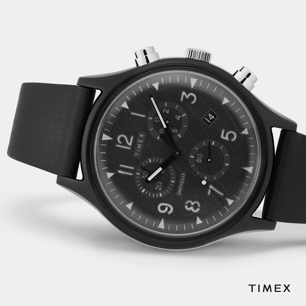 TIMEX Military MK1 TW2T29500 – Herren-Chronographenuhr aus schwarzem Leder mit INDIGLO-Nachtlicht