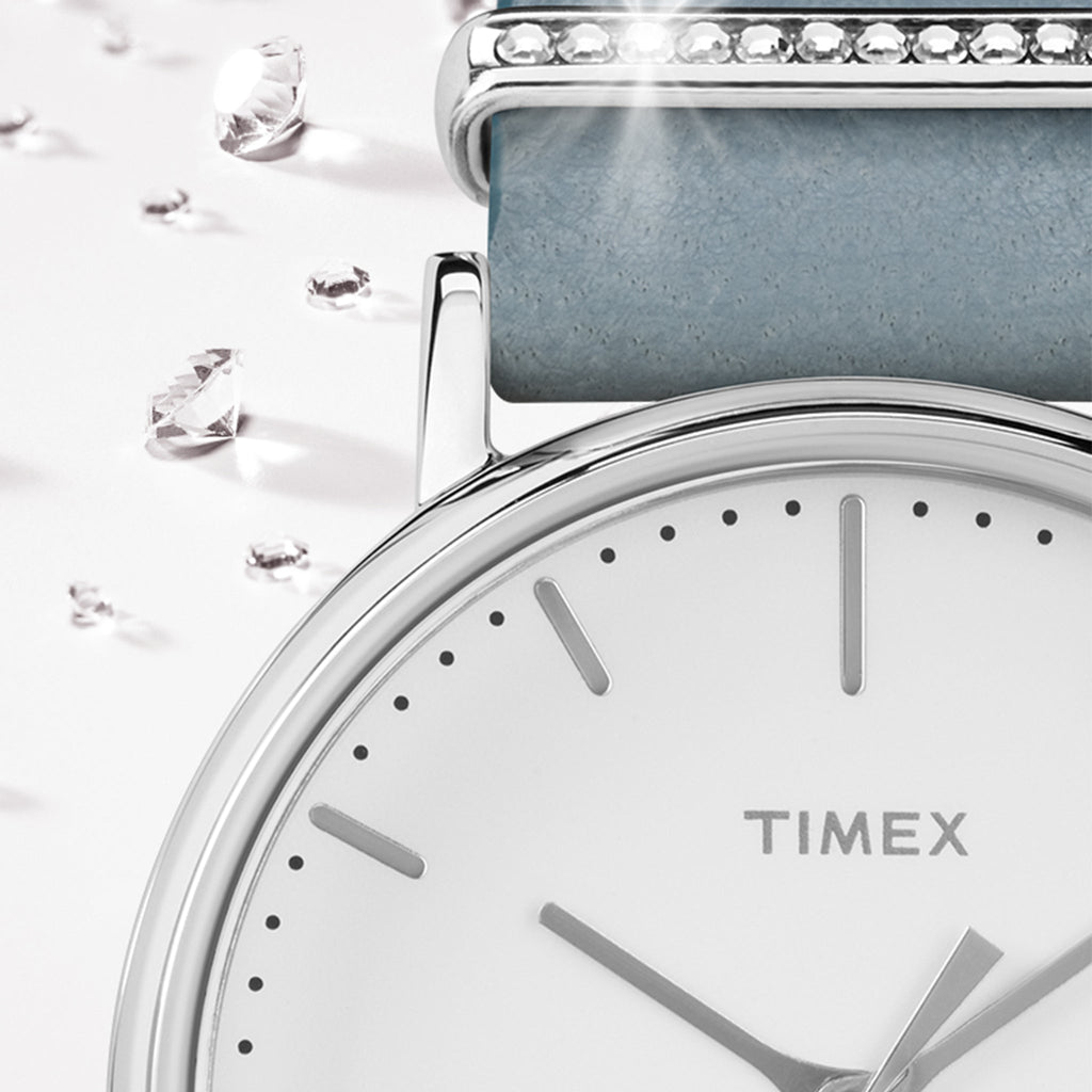 Timex Women's Blue Leather Watch, White Dial | Tw2r70300