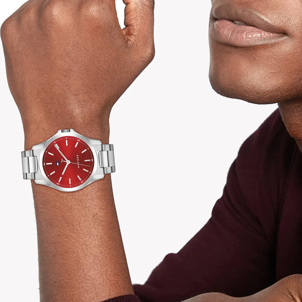 Tommy Hilfiger Men's Silver Stainless Steel, Red Dial | 1710677 by i-watch