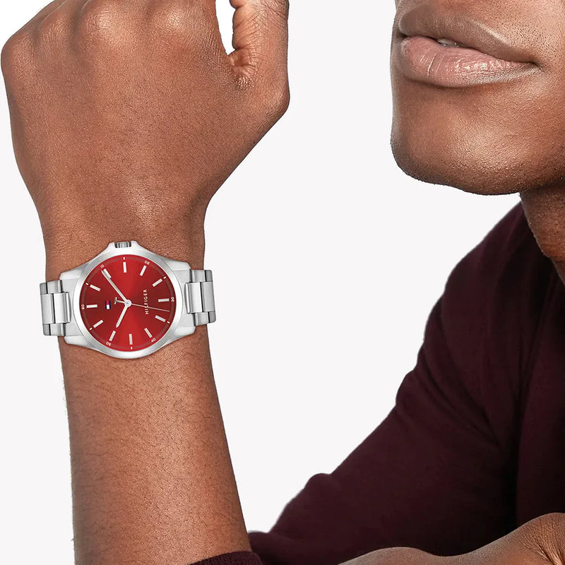 Tommy Hilfiger Men's Silver Stainless Steel, Red Dial | 1710677 by i-watch