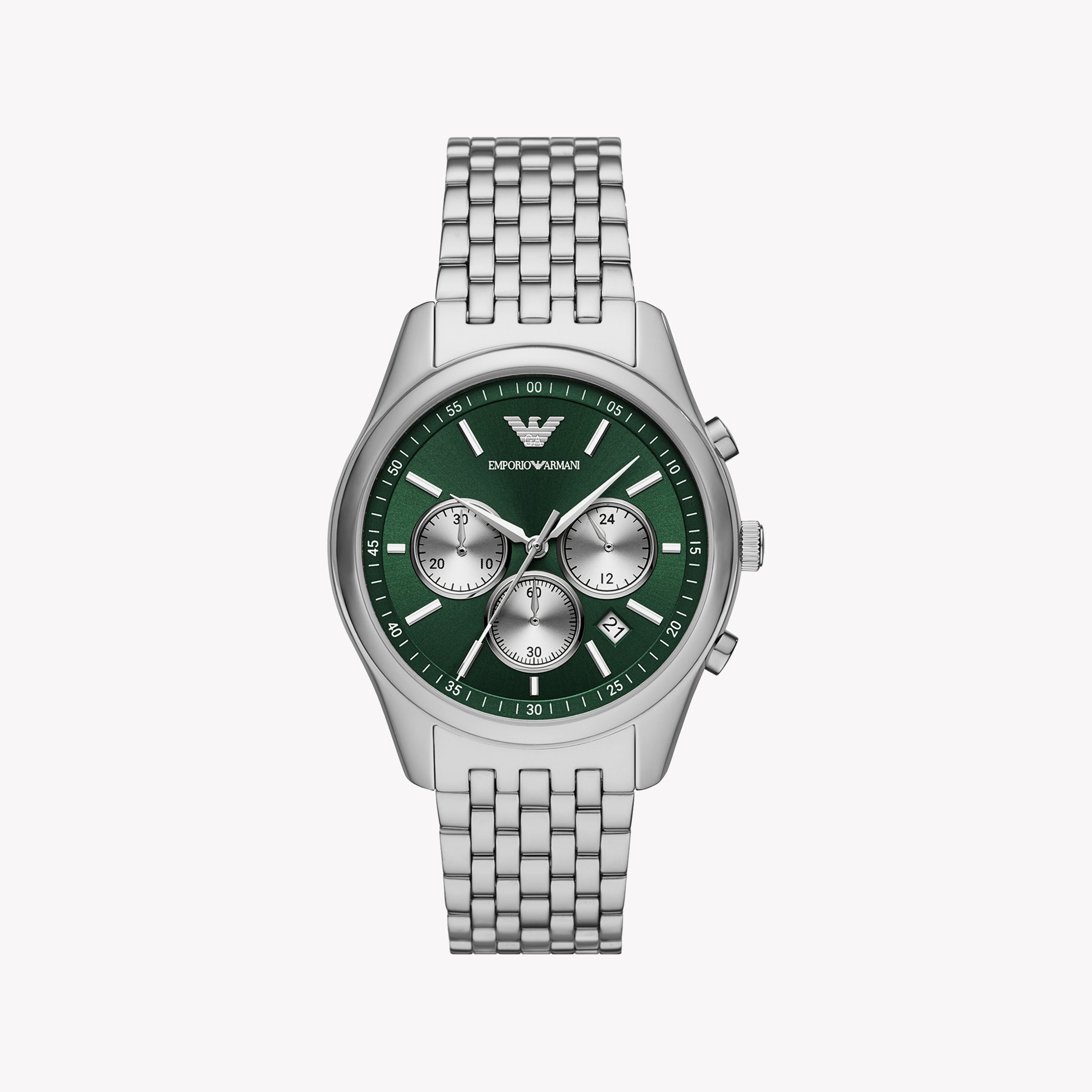 EMPORIO ARMANI AR11581 - BOLD SILVER STYLE WITH VIBRANT GREEN DIAL FOR MODERN MEN