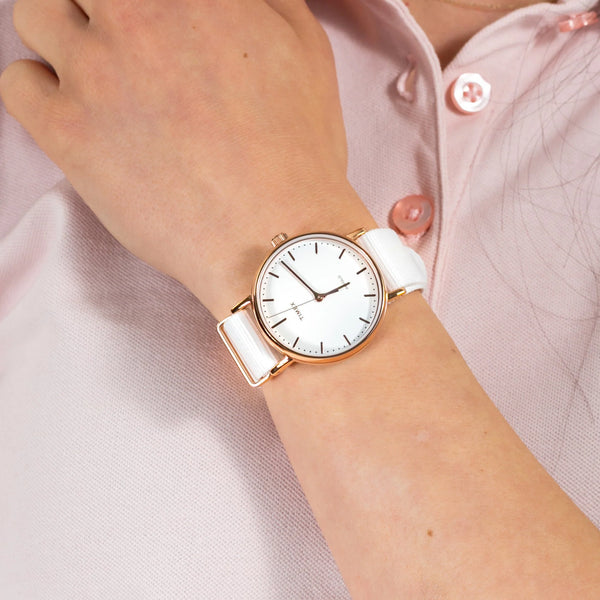 Timex Women's Watch With Rose Gold Brass Case And White Fabric Band by i-watch
