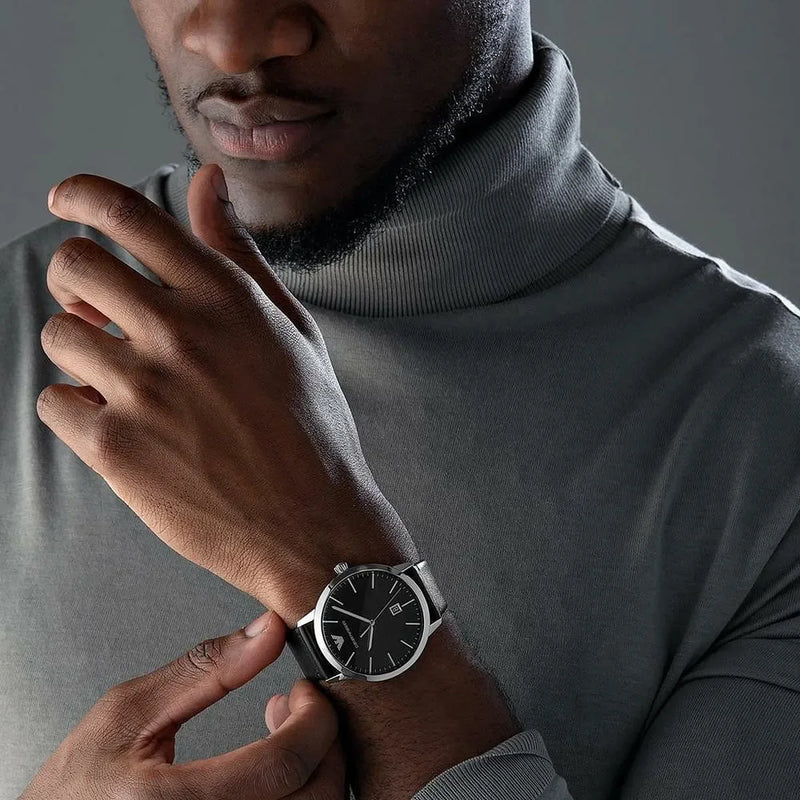 Emporio Armani Men's Black Leather Watch, Silver Case | Ar11193 by i-watch