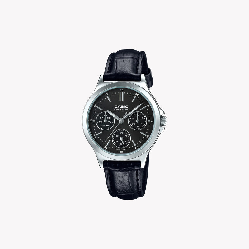 Casio Men's Stainless Steel Watch, Black Leather Strap