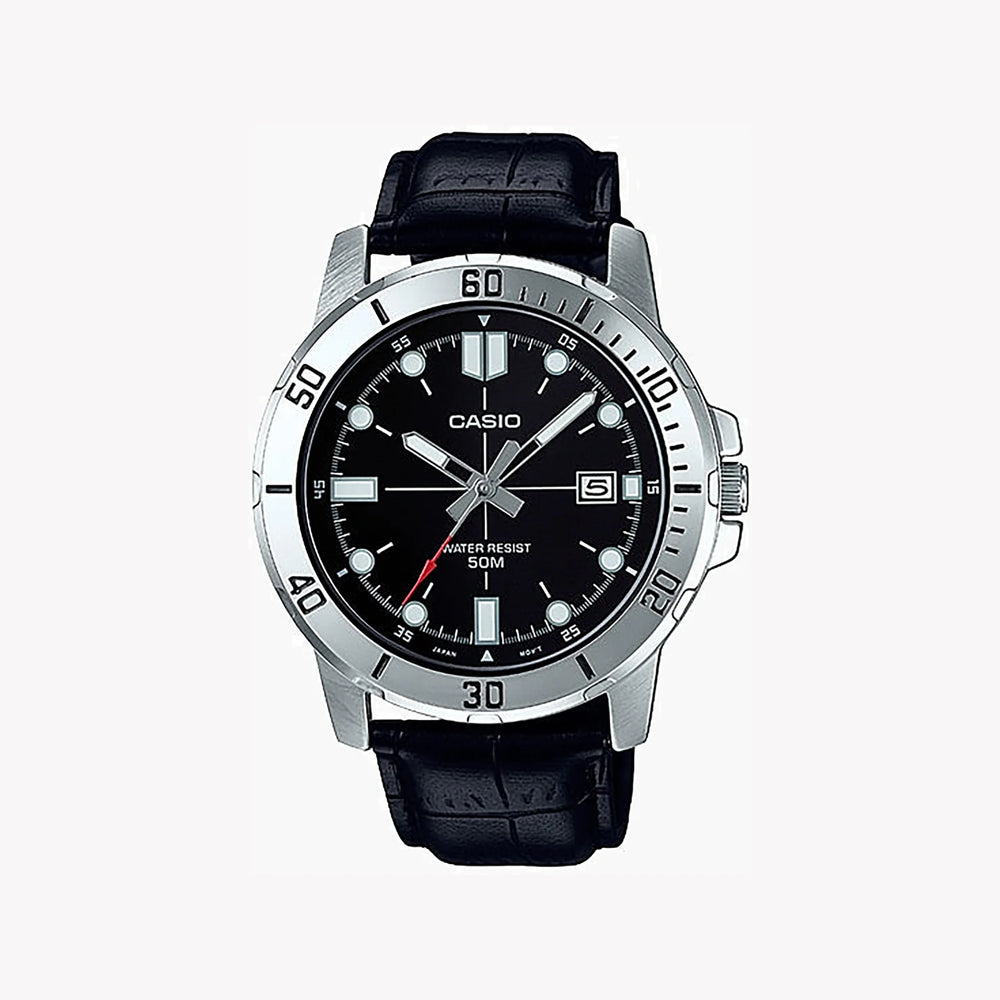 Casio Men's Silver & Black Leather Watch, Sporty Elegance | Mtp-Vd01l-1evudf by i-watch