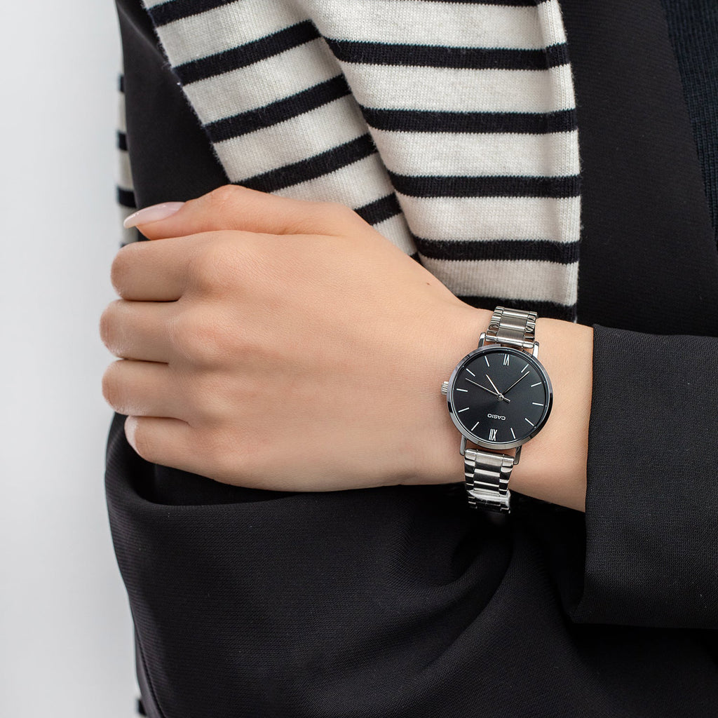 CASIO LTP-VT02D-1AUDF ELEGANT TIMEPIECE - STYLISH WOMEN'S WATCH WITH SILVER STAINLESS STEEL BAND & BLACK DIAL-i-Watch-2