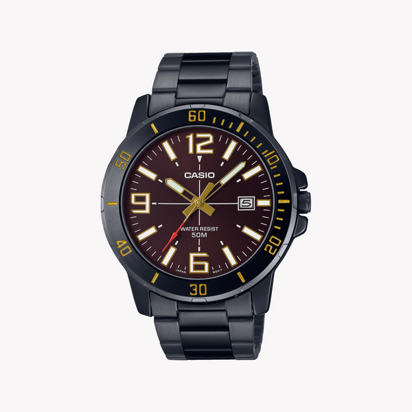 Casio Men's Black Stainless Steel Watch, Brown Dial | Mtp-Vd01b-5bvudf by i-watch
