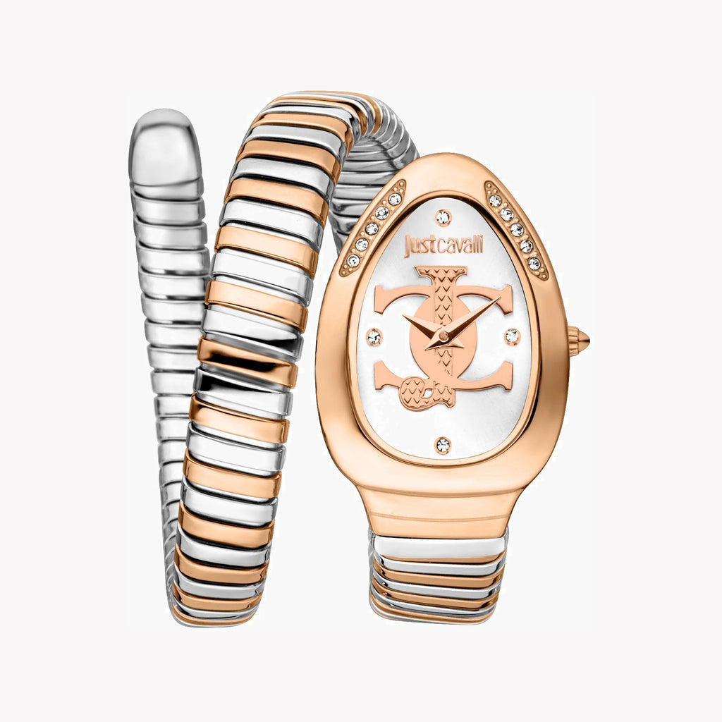 JUST CAVALLI Women's Watch with Rose Gold Stainless Steel Case and Silver & Rose Gold Stainless Steel Band