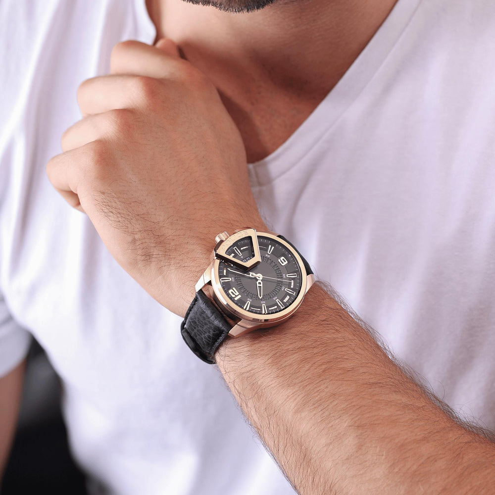 Police Men's Gold Watch, Black Leather Strap | Pewjb0005604 by i-watch