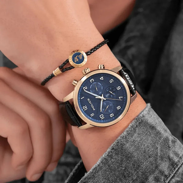 Police Men's Gold Watch, Black Leather & Blue Dial | Pewjf0030401 by i-watch