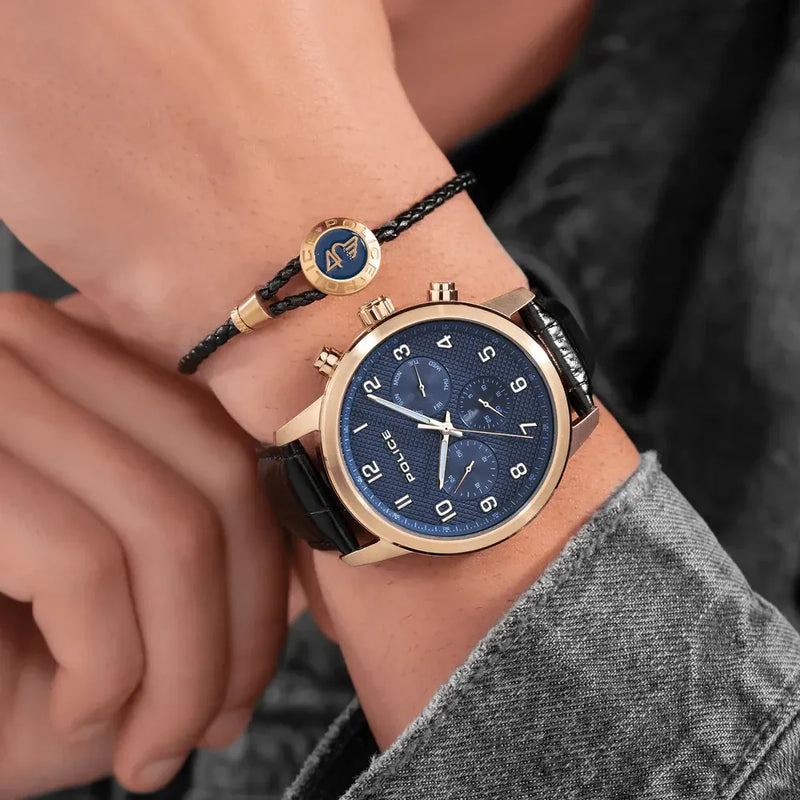 Police Men's Gold Watch, Black Leather & Blue Dial | Pewjf0030401 by i-watch