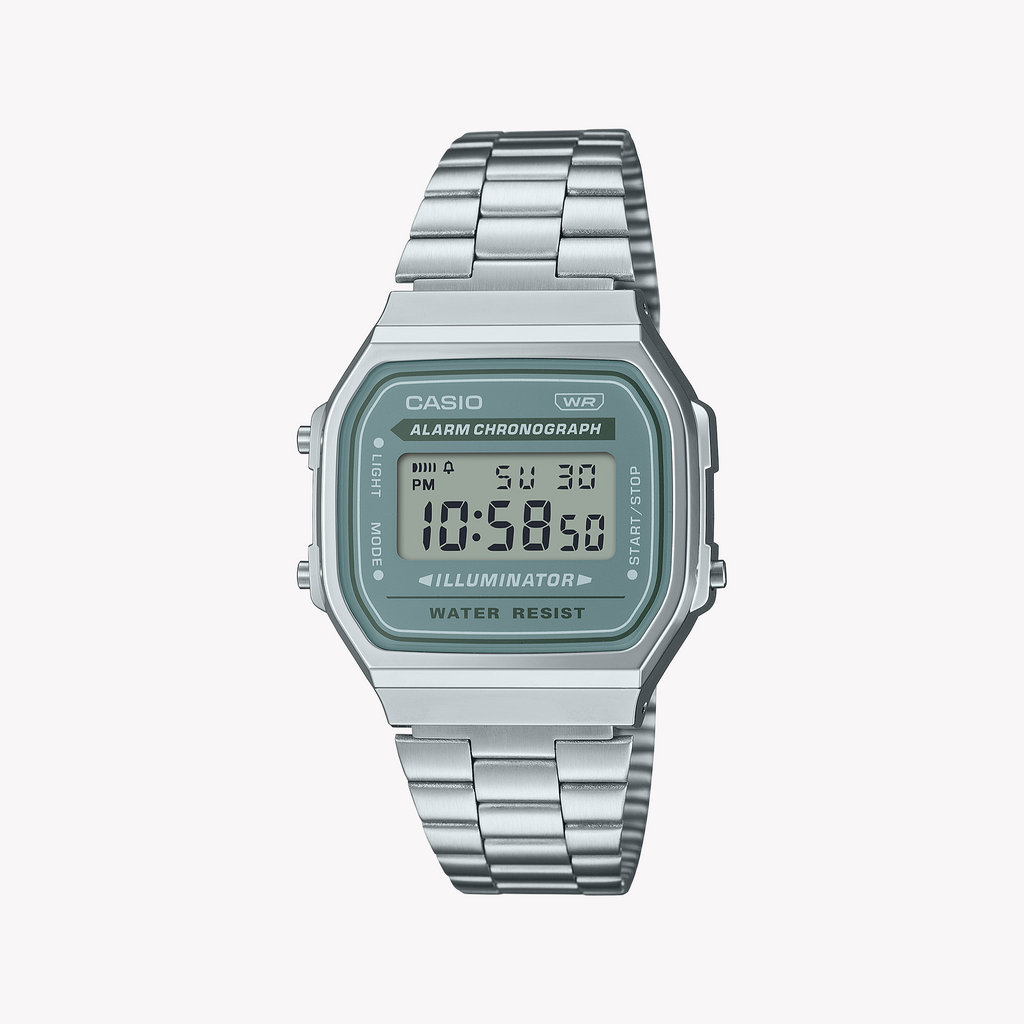 CASIO A168WA-3AYDF - ELEGANT ADVENTURER UNISEX WATCH with sleek silver design, digital display, and stainless steel band