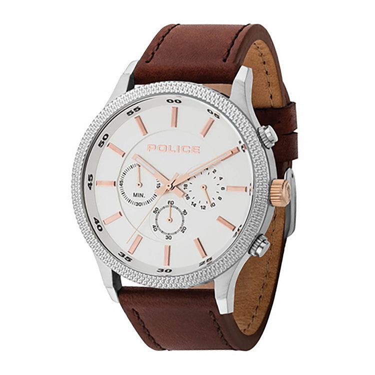 POLICE MEN'S TIMEPIECE - ELEGANT BROWN LEATHER BAND & SILVER DIAL - STAINLESS STEEL STYLE