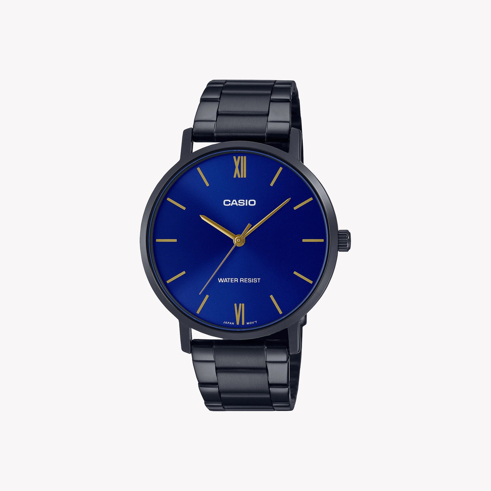 Casio Men's Black Stainless Steel Watch, Blue Dial | Mtp-Vt01b-2b