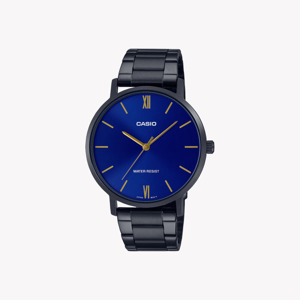 Casio Men's Black Stainless Steel Watch, Blue Dial | Mtp-Vt01b-2b by i-watch
