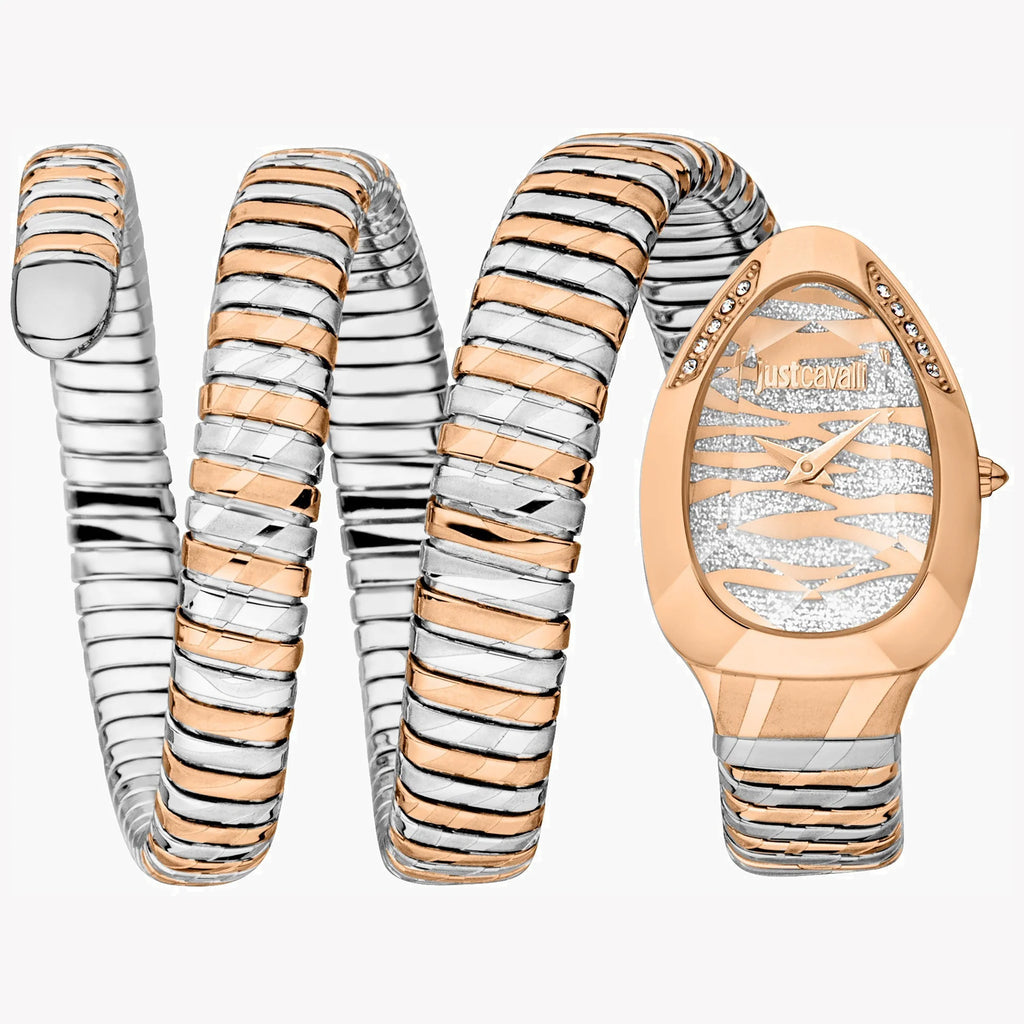 JUST CAVALLI Women's Watch with Rose Gold Stainless Steel Case and Silver & Rose Gold Stainless Steel Band