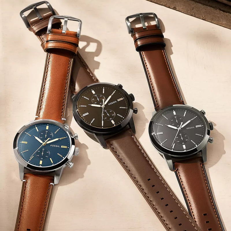 Fossil Men's Silver & Brown Leather Watch, Blue Dial | Fs5279 by i-watch