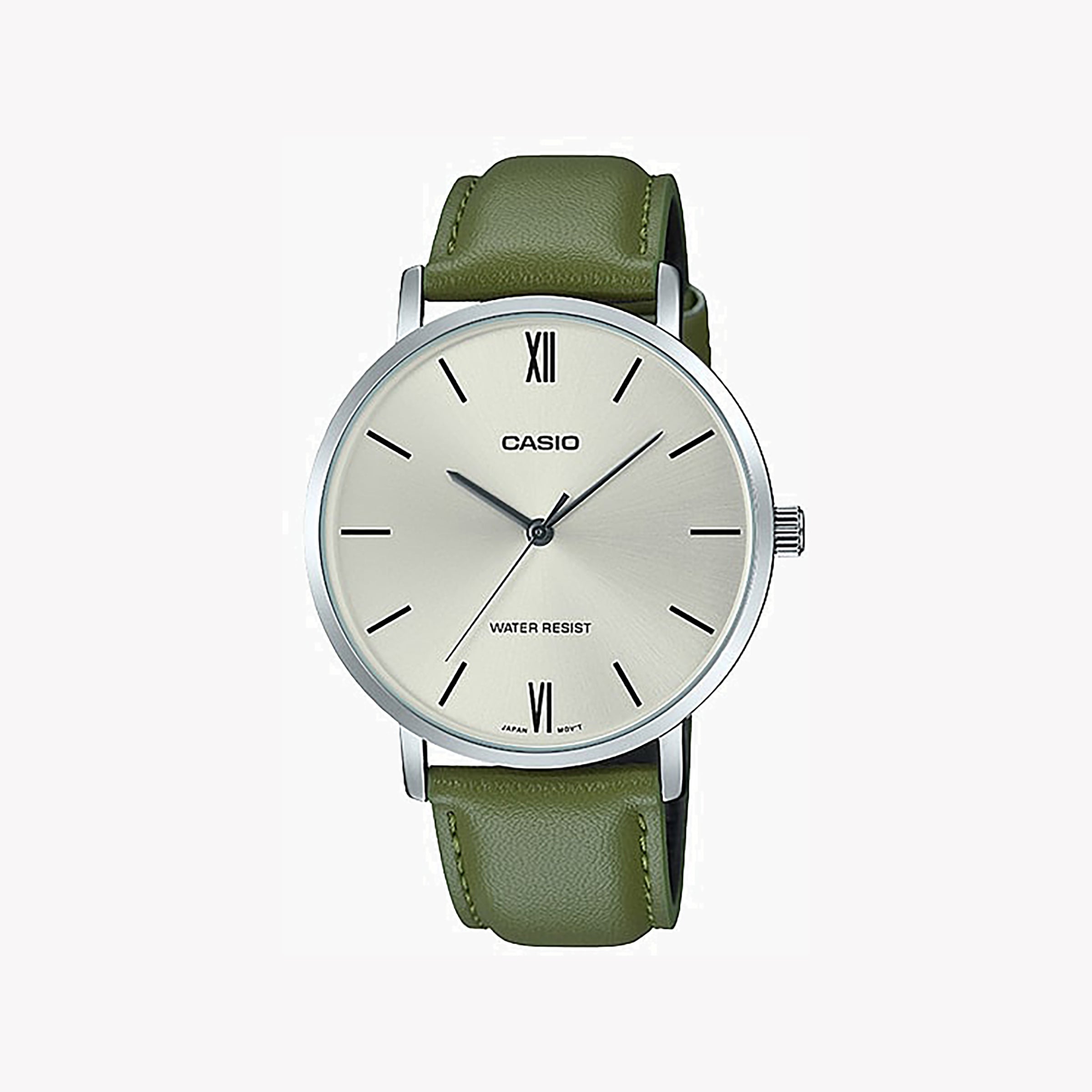 CASIO MTP-VT01L-3B - RUGGED ELEGANCE MEN'S WATCH WITH GREEN LEATHER BAND AND SILVER DIAL
