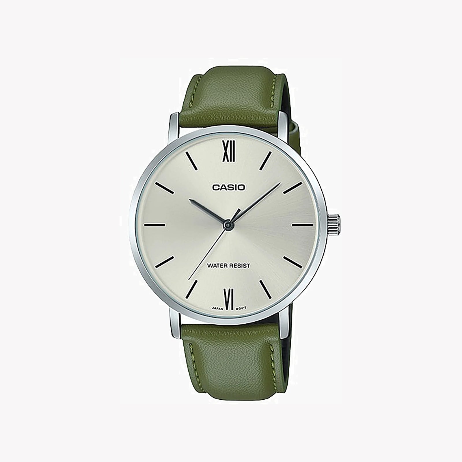 Casio Men's Green Leather Watch, Silver Dial | Mtp-Vt01l-3b by i-watch