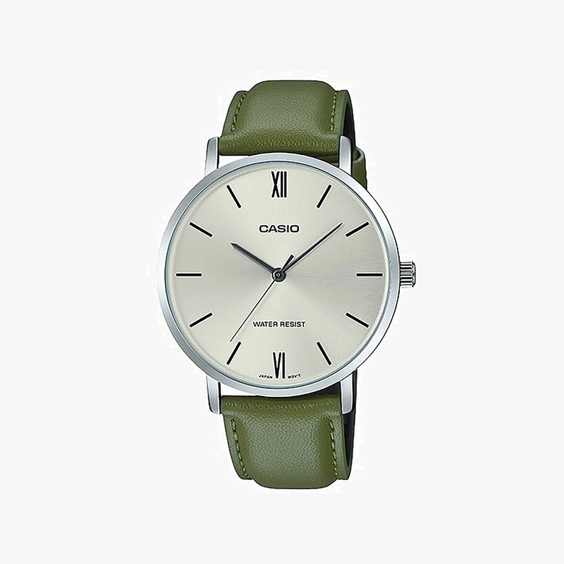 Casio Men's Green Leather Watch, Silver Dial | Mtp-Vt01l-3b by i-watch