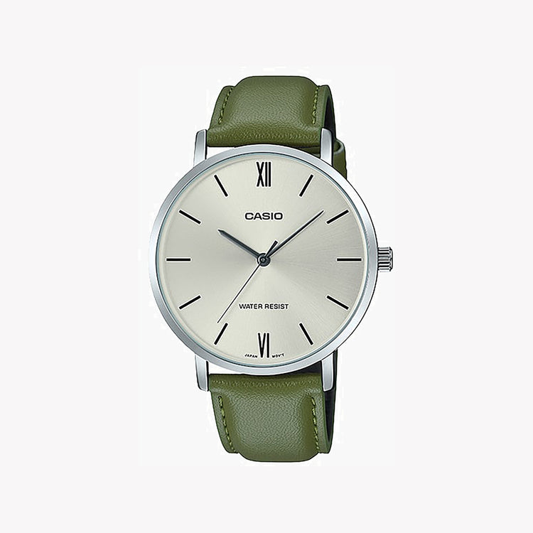 Casio Men's Green Leather Watch, Silver Dial | MTP-VT01L-3B