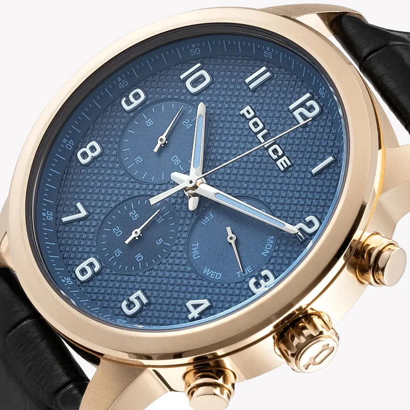 Police Men's Gold Watch, Black Leather & Blue Dial | Pewjf0030401 by i-watch