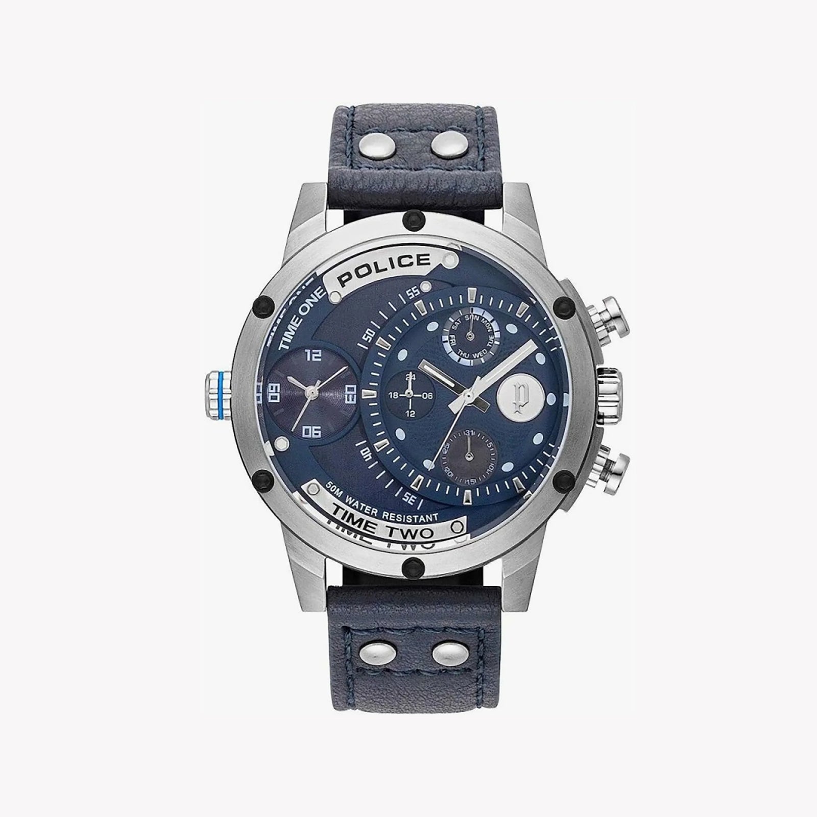 Police Men's Silver Stainless Steel, Blue Leather | P15983js03 by i-watch